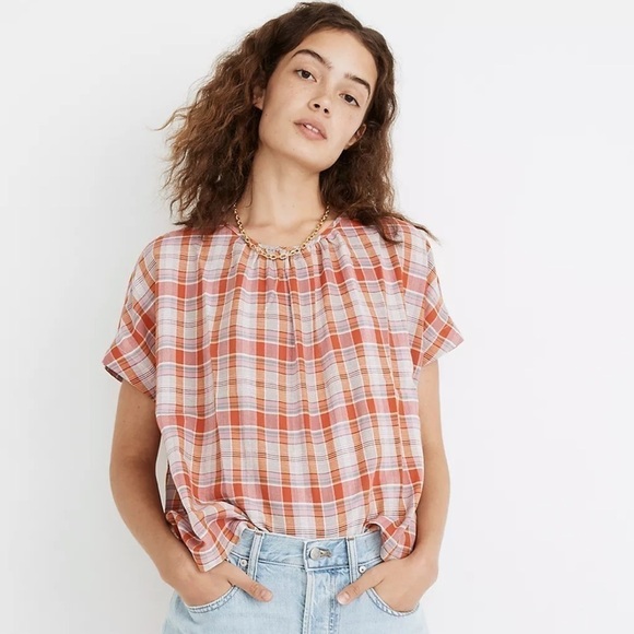 MADEWELL Plaid Shirred-Neck Boxy Top - Picture 1 of 7